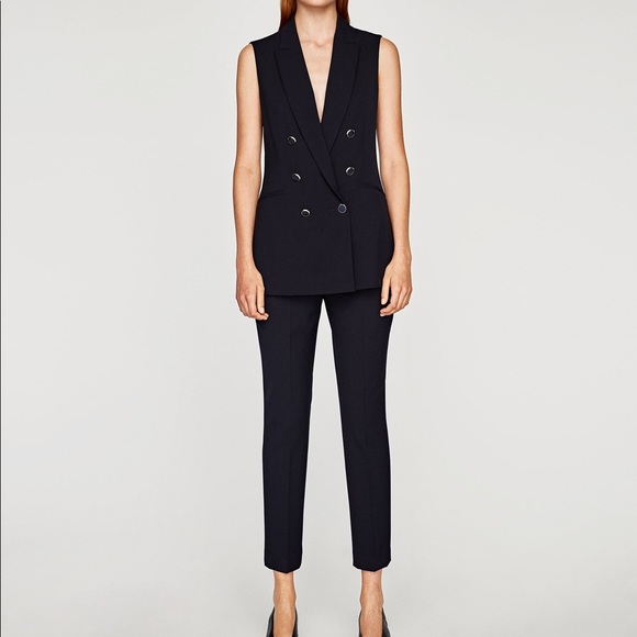 NWT Zara Navy Long Double Breasted Waistcoat Vest - Picture 2 of 8